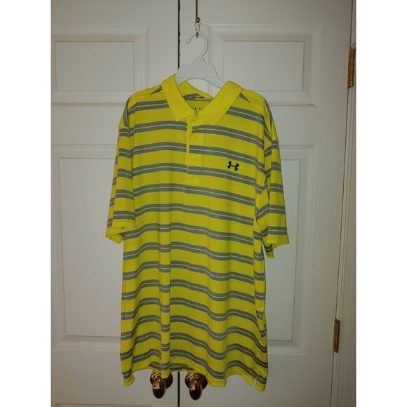 Men Under Armour Loose Heat Gear Yellow Gray Striped Golf Polo Shirt Size 2XL - Picture 1 of 2